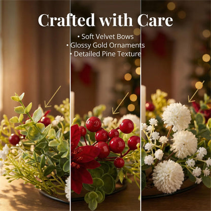 MOYEE Winter Christmas Candle Holder Centerpieces for Tables,Candle Ring, Black Metal Candlestick with an Artificial Wreath 14 in Versatile Dining Table Centrepiece (White Ball Wreath)