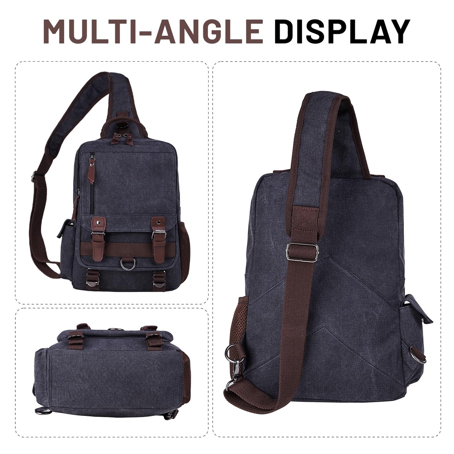 mygreen Crossbody Bag, Canvas Chest Leather Messenger Bag with One Strap Sling for Travel and Hiking (Large, Black)