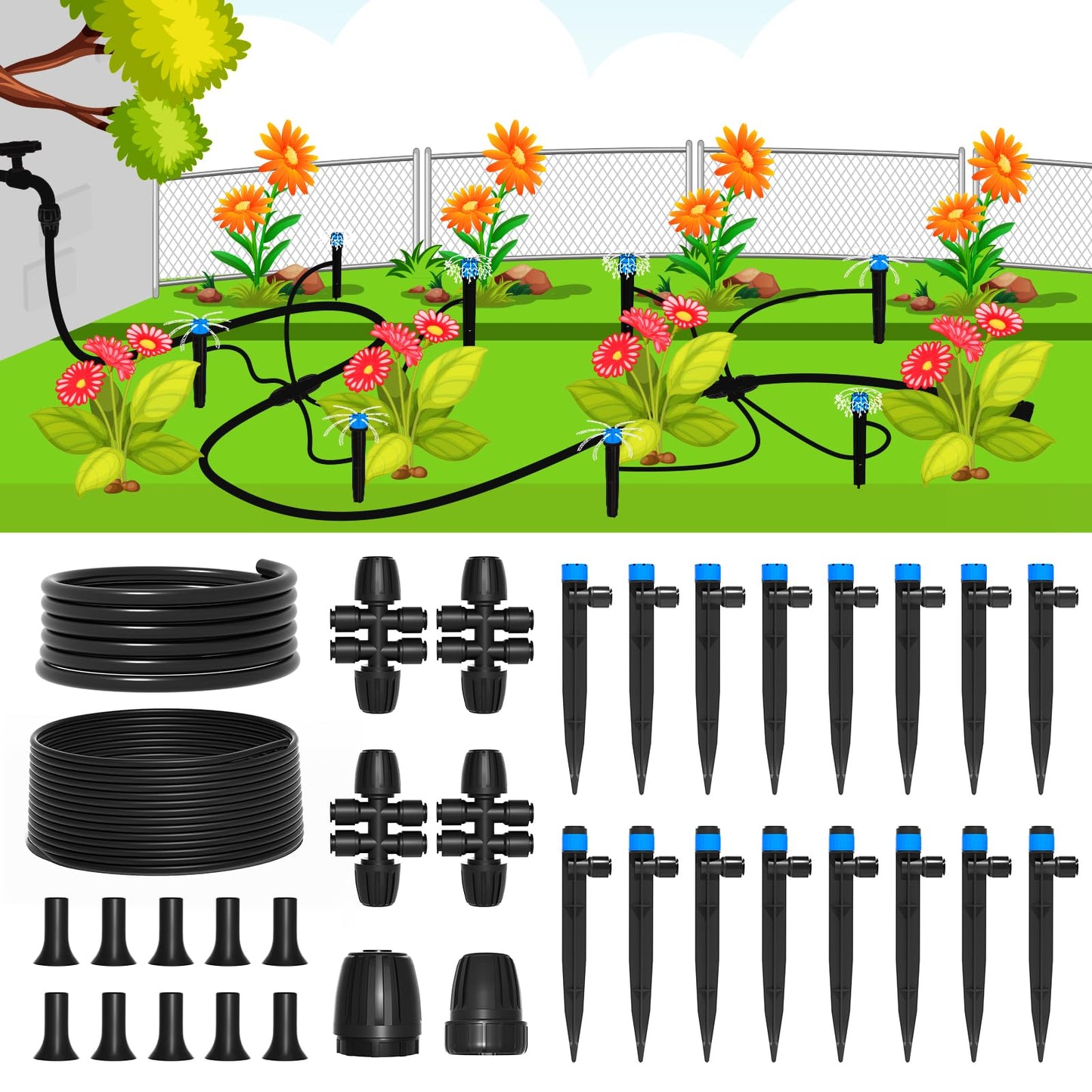 MIXC Drip Irrigation System,Quick Connector Garden Watering System Automatic Sprinkler System Kit for Lawn Raised Bed Greenhouse Plant Watering System (16FT Main Tube+ 79FT 1/4'' Tube)