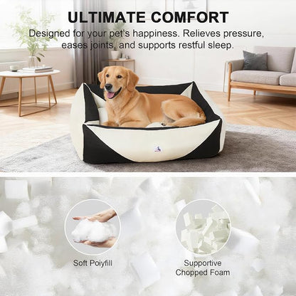 Cotton Canvas Dog Bed, Dog Beds Large Sized Dog, Orthopedic Bed with Washable Removable Cover, Durable 290 GSM Cotton Anti-Chewing Pet Bed with Anti-Slip Bottom (38"x30"x12", Black&White)