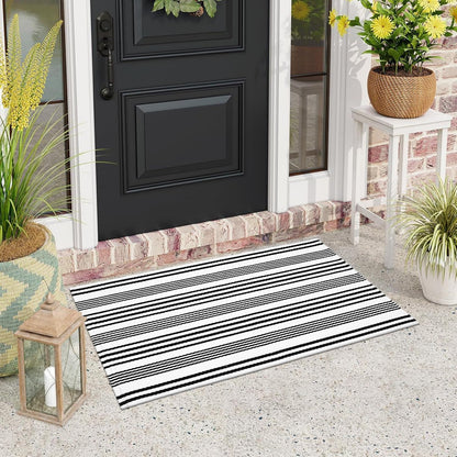 Black and White Striped Outdoor Rug, 27.5"x43" Cotton Modern Hand-Woven Reversible Front Porch Door Mat Welcome Layered Doormat Washable Doorway Carpet for Farmhouse Kitchen Laundry Room