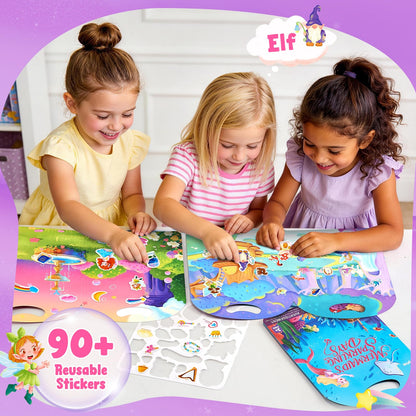 JoyCat Reusable Sticker Book Set (3-Pack): Unicorn, Fairies, Mermaid - 90 Pcs Stickers for Toddlers, Kids Sticker Activity Book, Road Trip Travel Toys, Party Favors, Birthday Gifts for Baby Girls