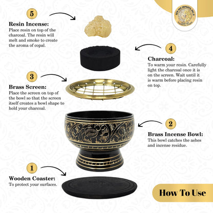 New Age Imports, Inc. India Small Decorated Brass Charcoal Screen Incense Burner with Wooden Coaster