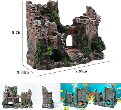 Aquarium Resin Castle Decoration, Air Bubbler Stone Cave Hideout House for Betta Fish, Shrimp & Turtles, Fish Tank Ornament Accessories for Breeding, Playing & Resting ，Decorative Bubbling Castle