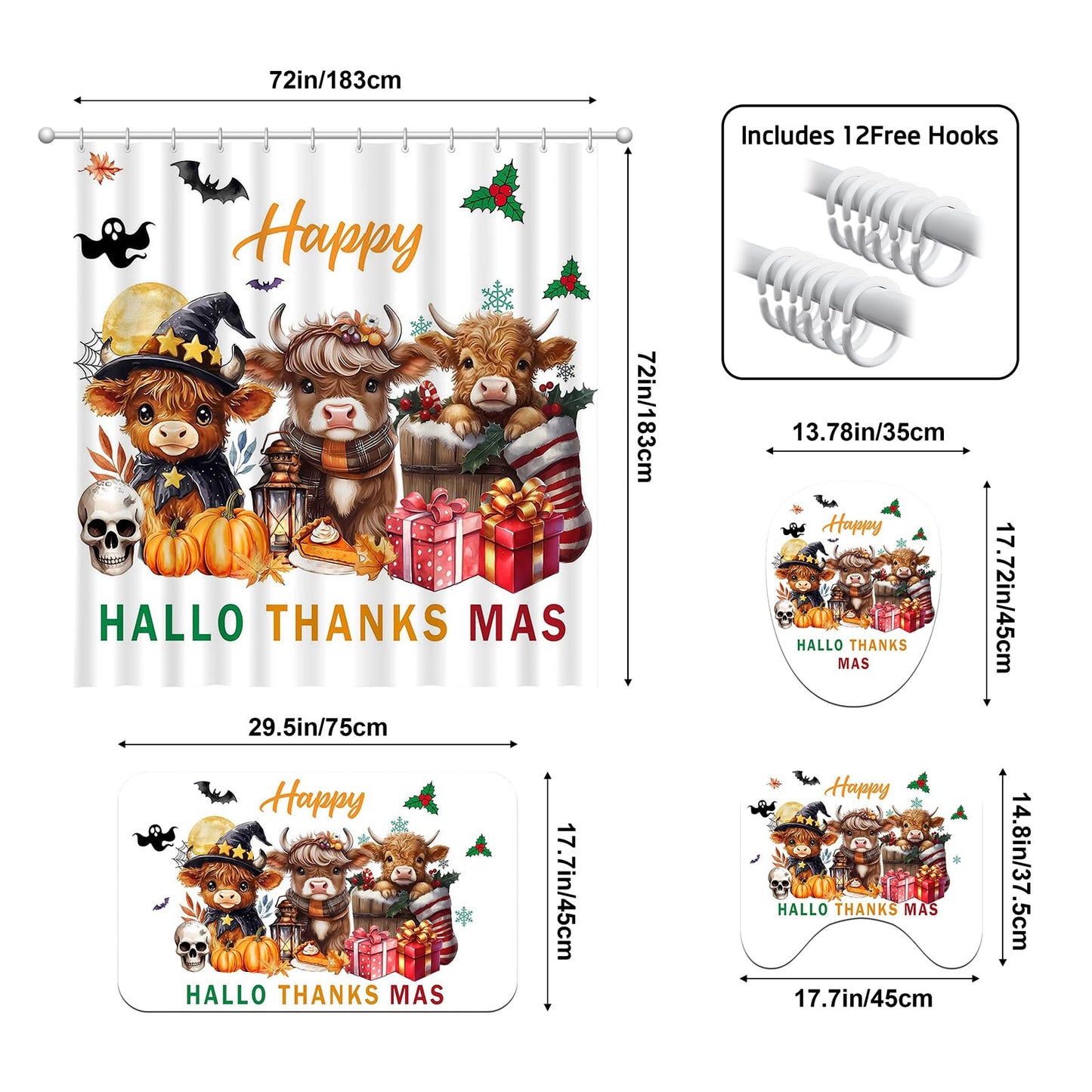 Aperturee Highland Cattle Calves Shower Curtain Set 72x72 Inch, Witch & Autumn Costumes with Halloween, Thanksgiving & Christmas Decor, Includes Bath Mat, U-Shape Rug, Toilet Cover & 12 Rustic Hooks