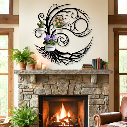 Tree of Life Metal Plant Wall Holders, Metal Tree Wall Mounted Plant Holder, Branch Hanging Planters for Living Room, Kitchen, Fireplace (Gold, 35"x 35"| 90x90cm, 3 Pack 5" Flower Pot Holder Ring)