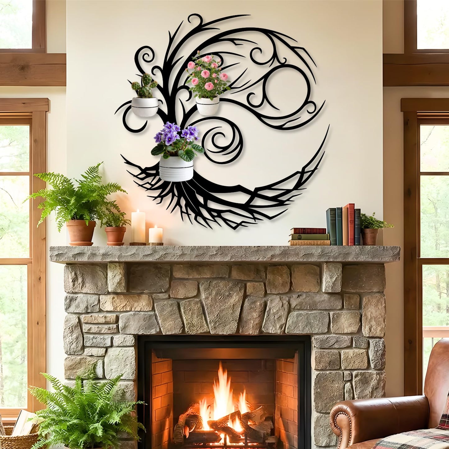 Tree of Life Metal Plant Wall Holders, Metal Tree Wall Mounted Plant Holder, Branch Hanging Planters for Living Room, Kitchen, Fireplace (Black, 35"x 35"| 90x90cm, 3 Pack 5" Flower Pot Holder Ring)