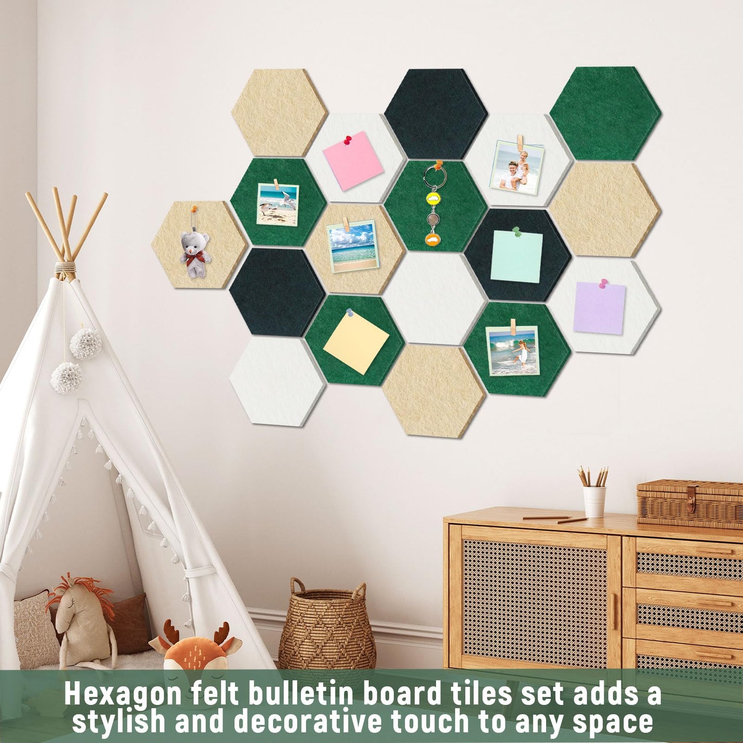 16Pcs Hexagon Felt Cork Board Tiles Self Adhesive Hexagon Wall Tiles with 60 Push Pins 20 Wooden Clips DIY Bulletin Board Pin Boards for School Office Home Photos Memos Display (Green Brown)