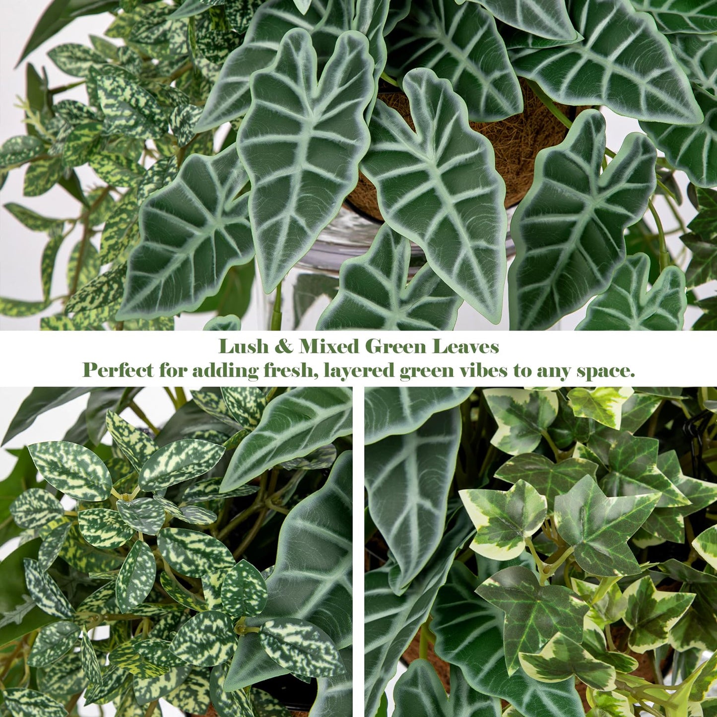 Fake Hanging Plant with Pot, Large Hanging Artificial Plants with Basket & Hanger Faux Greenery Plants Indoor Outdoor Decor Fake Alocasia Longiloba Plant in Pot for Wall Balcony Patio Office Bathroom