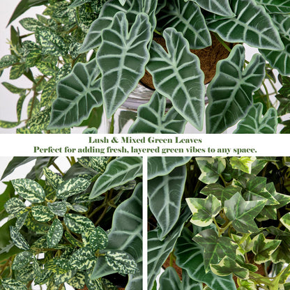 Fake Hanging Plant with Pot, Large Hanging Artificial Plants with Basket & Hanger Faux Greenery Plants Indoor Outdoor Decor Fake Alocasia Longiloba Plant in Pot for Wall Balcony Patio Office Bathroom