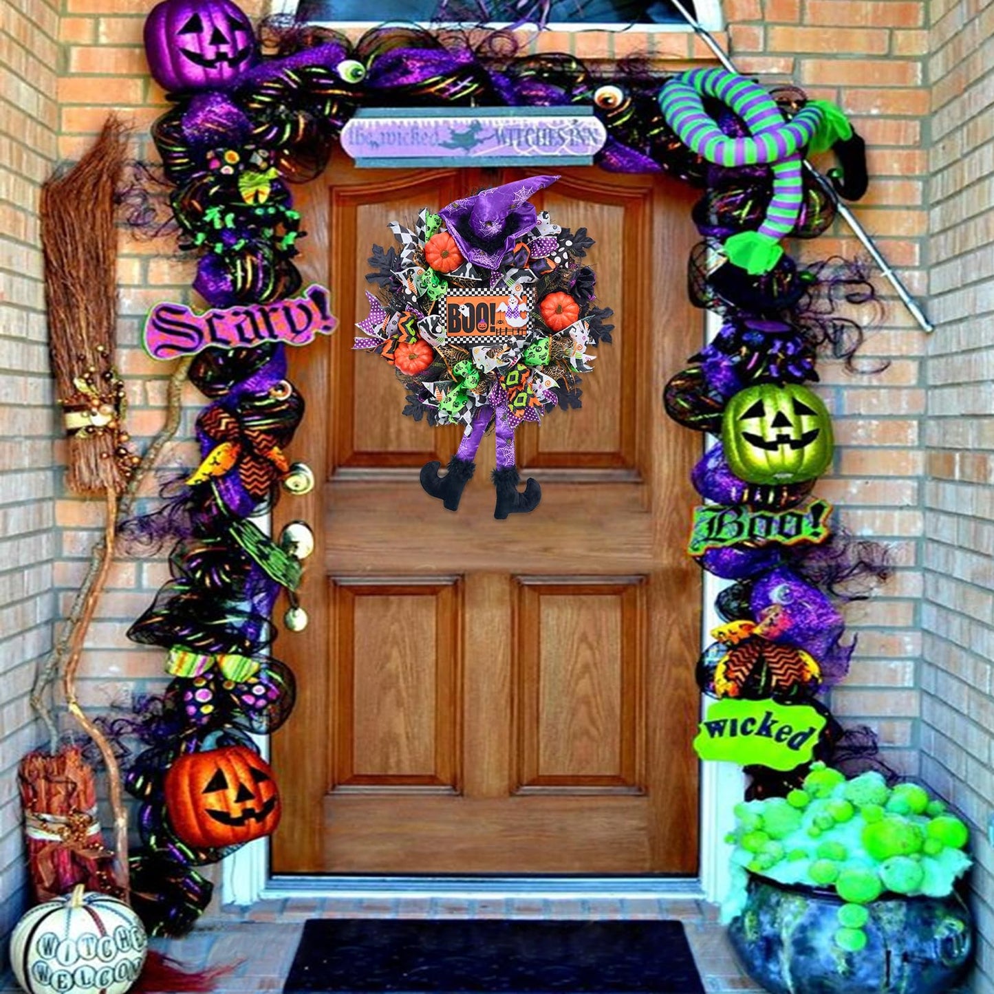 Vofuly Halloween Wreath, 20" Mesh, Orange, Green, Black, Copper, Witch Legs, Pumpkin & Witch, Fun Porch Decor