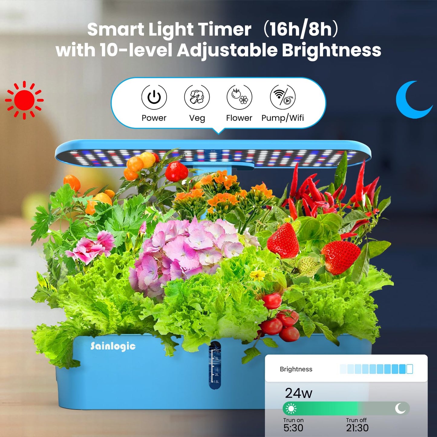Sainlogic Hydroponics Growing System, 12 Pods Indoor Garden 24W Adjustable-Height LED Grow Light, Gift for Mom, APP & WiFi Smart Planter, Quiet Pump, Auto Timer, for Herbs Vegetables Flowers