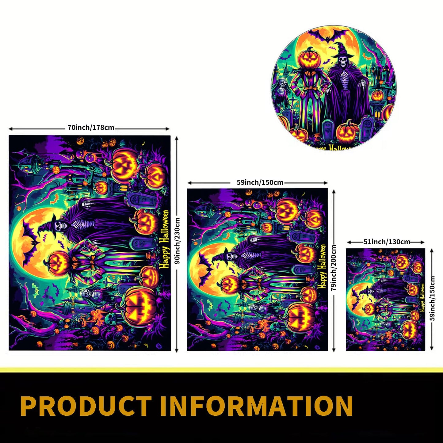 BSFHH Black Light Tapestry – UV Reactive Glow in the Dark Wall Hanging, Spooky Night Scene with Ghosts & Pumpkins, Haunting Home Decor for Parties, Bedroom, or Dorm (Witches & Bats, 90L" x 70W", Unframed)