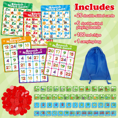 Quilinz Spanish Alphabet Bingo Games,Letter/Number/Sight Word for Kindergarten,ABC and 123 Bingo Board Match Games for Kids 4-6,Learn Spanish Flash Cards,Toddler Educational Toys