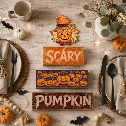 4 Pcs Halloween Table Decor Wooden Scarecrow Tiered Tray Decorations Rustic Farmhouse Tabletop Centerpiece Scary Pumpkin Wood Block Signs for Home Kitchen Shelf Mantel Office Desk