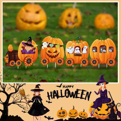 Shellwei 4 Pcs Thanksgiving Pumpkin Yard Outdoor Decor Skeleton Train Yard Signs Autumn Harvest Decorations for Lawn Outdoor Garden Farmhouse Home Thanksgiving Party Decor(Pumpkin,Yellow)