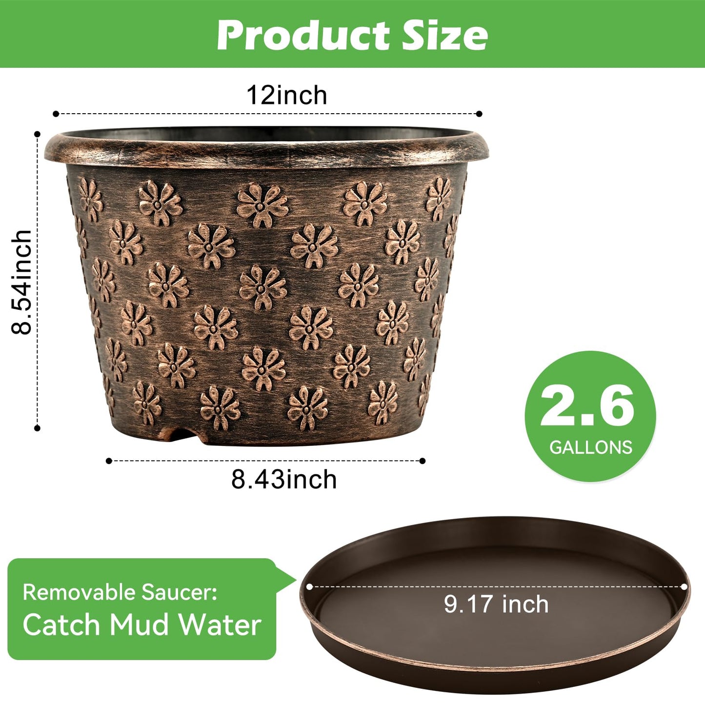 12 Inch Planter Pots for Plants, Plastic Large Flower Pots Indoor Outdoor, 4 Pack Resin Plant Pot with Drainage & Saucer, Retro Decorative Garden Pot with Removable Trays for House