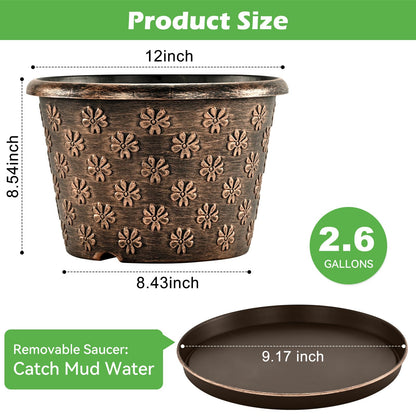 12 Inch Planter Pots for Plants, Plastic Large Flower Pots Indoor Outdoor, 4 Pack Resin Plant Pot with Drainage & Saucer, Retro Decorative Garden Pot with Removable Trays for House