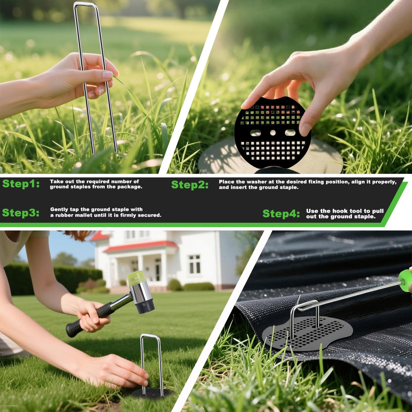 YACOO 6 Inch Landscape Staples Set, 11 Gauge Galvanized U-Shaped Garden Stakes (100 Pack) with Gaskets, Hook Tool & Rubber Mallet for Weed Fabric & Landscaping