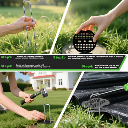 YACOO 6 Inch Landscape Staples Set, 11 Gauge Galvanized U-Shaped Garden Stakes (100 Pack) with Gaskets, Hook Tool & Rubber Mallet for Weed Fabric & Landscaping