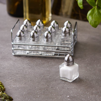 RSVP International Mini Glass Salt & Pepper Set Holder Included, 12 Shakers, Chrome and Stainless Steel