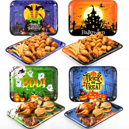 Vesici 4 Pcs 13 x 10 Inch Halloween Serving Trays Set Witch Haunted House Ghost Boo Melamine Platter Reusable Halloween Party Decorations for Trick or Treat Party Serving Food Snacks Cookies Dessert