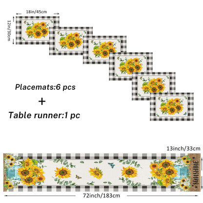 ArtSocket Sunflower Table Runner and Placemats Set of 6, Black White Buffalo Plaid Floral Flower Dining Decor for Daily Use(1 Table Runner 72 inches Long and 6 Placemats)