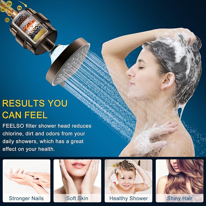 Shower Head and 15 Stage Shower Filter Combo, FEELSO High Pressure 5 Spray Filtered Showerhead with Water Softener Filters for Hard Water Remove Chlorine and Harmful Substances (Oil Rubbed Bronze)