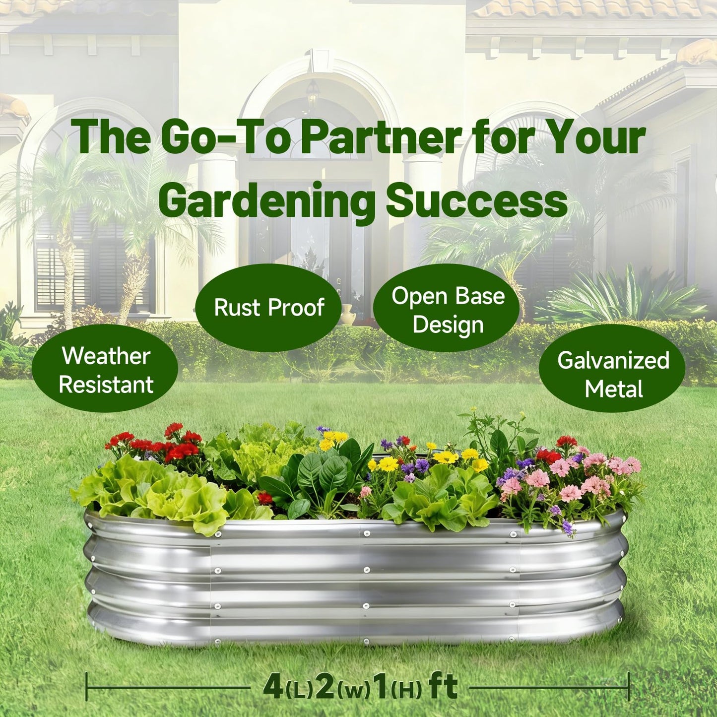 GOOZOO Galvanized Planter Raised Garden Bed, 4x2x1 ft Raised Garden Bed Kit for Gardening Outdoor, Oval Metal Land Planter Box for Vegetables, Flowers, Herbs, Fruits, Easy Assembly（Silver）
