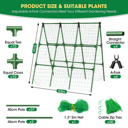 51" x 53" Cucumber Trellis for Raised Bed, A-Frame Garden Trellis for Climbing Plants Outdoor, Rust-Proof Metal Support for Tomato, Peas, Beans, Zucchini & Vines, with Netting & Clips