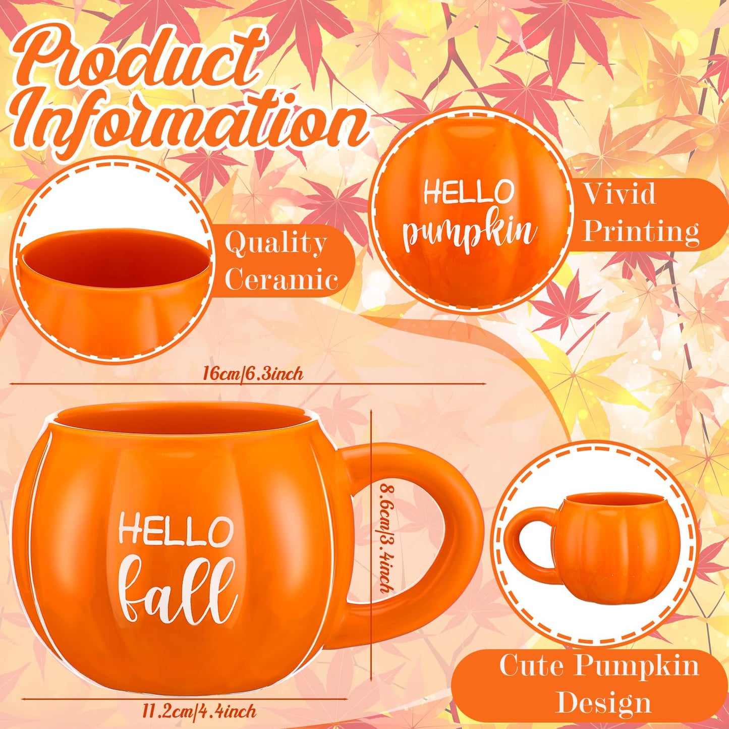 GlikCeil 2 Pcs Fall Pumpkin Mugs, Hello Fall Hello Pumpkin Coffee Cups for Tiered Tray 17 oz Thanksgiving Table Centerpieces Ceramic Mugs Drinking Cup for Autumn Harvest Wedding Birthday Gift