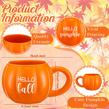 GlikCeil 2 Pcs Fall Pumpkin Mugs, Hello Fall Hello Pumpkin Coffee Cups for Tiered Tray 17 oz Thanksgiving Table Centerpieces Ceramic Mugs Drinking Cup for Autumn Harvest Wedding Birthday Gift