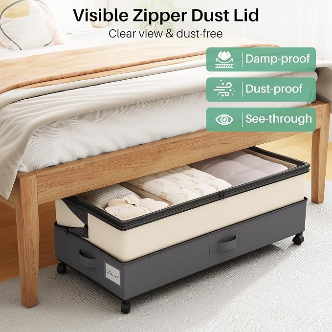 Kitstorack 2Pack Height-adjustable Under Bed Storage with Wheels, Under Bed Storage Containers,Under Bed Shoe Storage Organizer with Clear Window&Label, Suitable for Clothes Storage, Beige & Gray