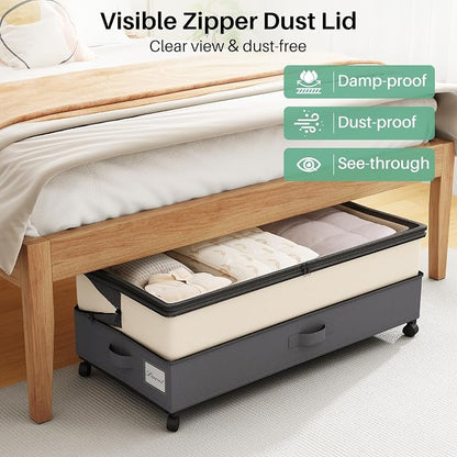 Kitstorack 2Pack Height-adjustable Under Bed Storage with Wheels, Under Bed Storage Containers,Under Bed Shoe Storage Organizer with Clear Window&Label, Suitable for Clothes Storage, Beige & Gray