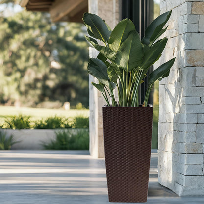 30" Tall Large Planter with Self-Watering System, Indoor Outdoor Flower Pot with Drainage Holes, Inner Tray and Water Level Indicator, Spacious Plant Pot for Garden Patio Porch Backyard, Brown