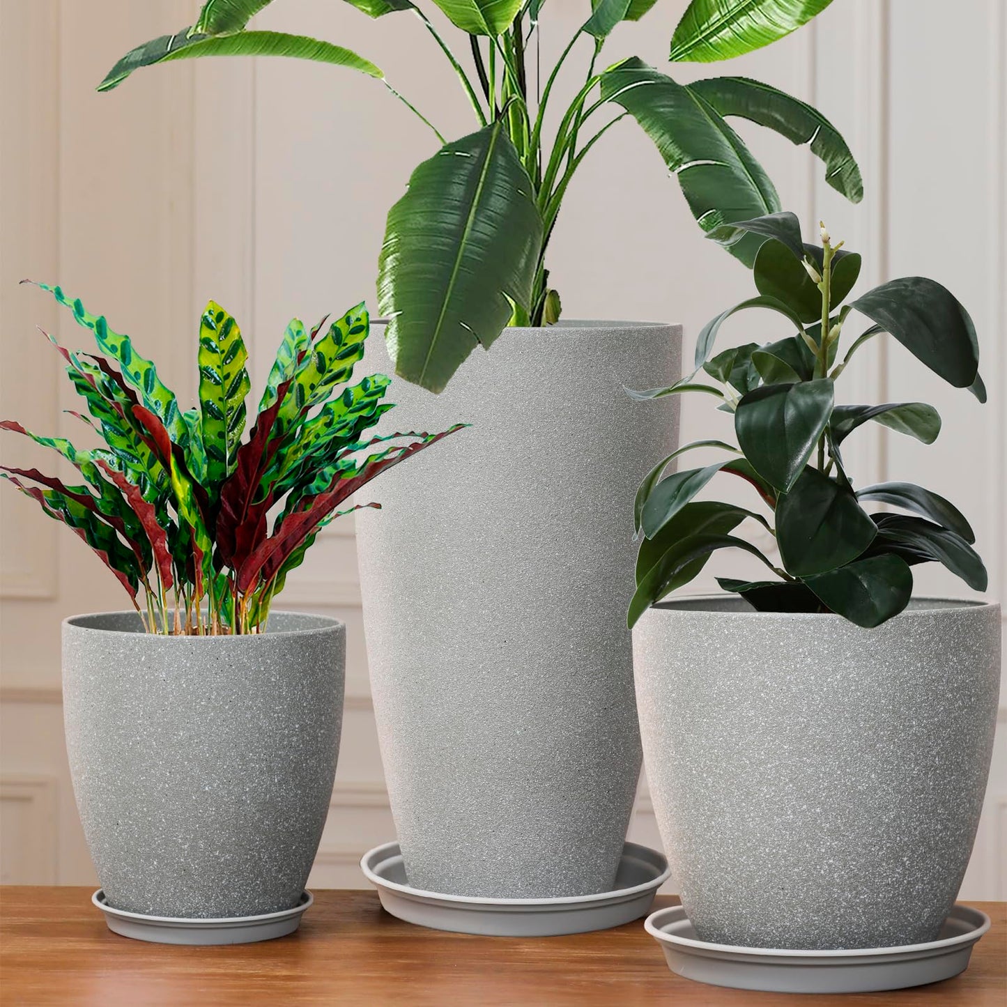 Tall Plant Pots Cement Grey Finish Unbreakable Flower Pot with Drainage Holes&Tray 11+12+21Inch H Planters For Garden Patio Indoor Outdoor Plants Modern Décor for Tall Plants Gift For Plant Lovers