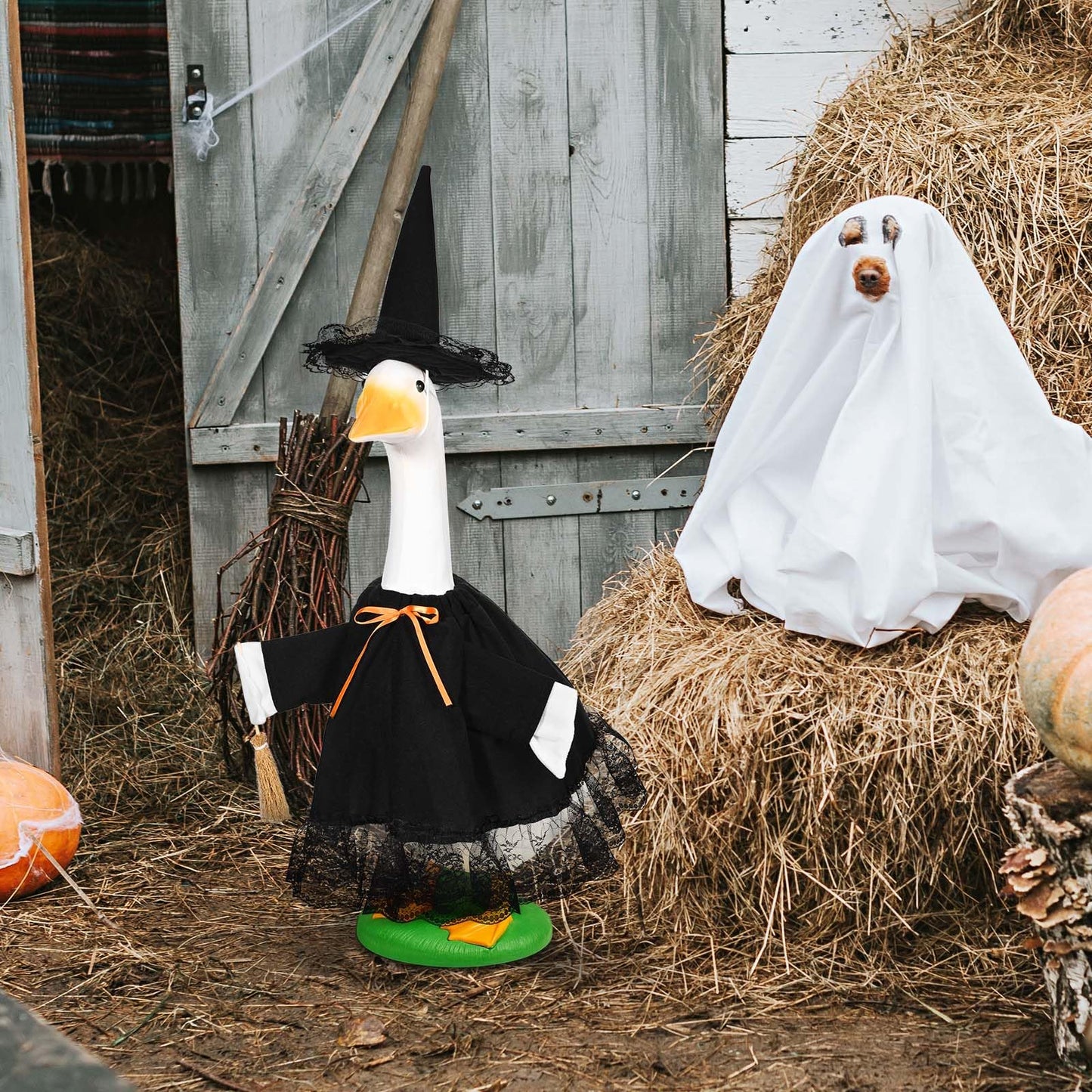 JcHrmers Witch Goose Outfit 23" Halloween Goose Clothes and Witch Hat for Cement Goose Statue Yard Lawn Decor