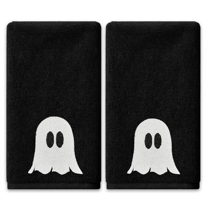 Hexagram Halloween Hand Towels Set of 2, Embroidered Ghost Black Bathroom Towels, Halloween Decor, Dish Towel for Drying Cleaning 14x 30 Inch