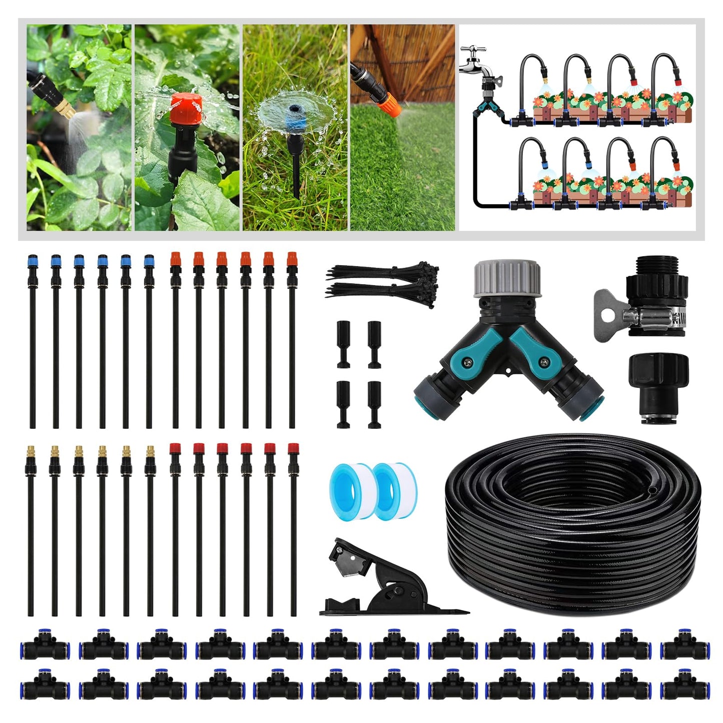 Kekangerly Drip Irrigation Kit - 100ft Automatic Watering System with 24 360° Sprinkler Nozzles, T-Connectors for Garden, Lawn, Greenhouse, Patio Plants & Hydroponics