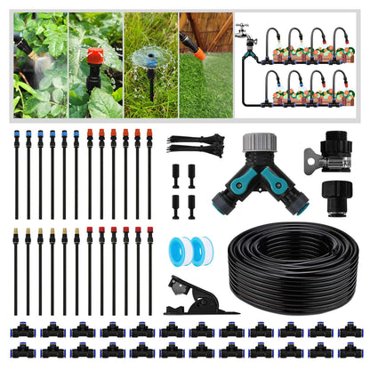 Kekangerly Drip Irrigation Kit - 100ft Automatic Watering System with 24 360° Sprinkler Nozzles, T-Connectors for Garden, Lawn, Greenhouse, Patio Plants & Hydroponics