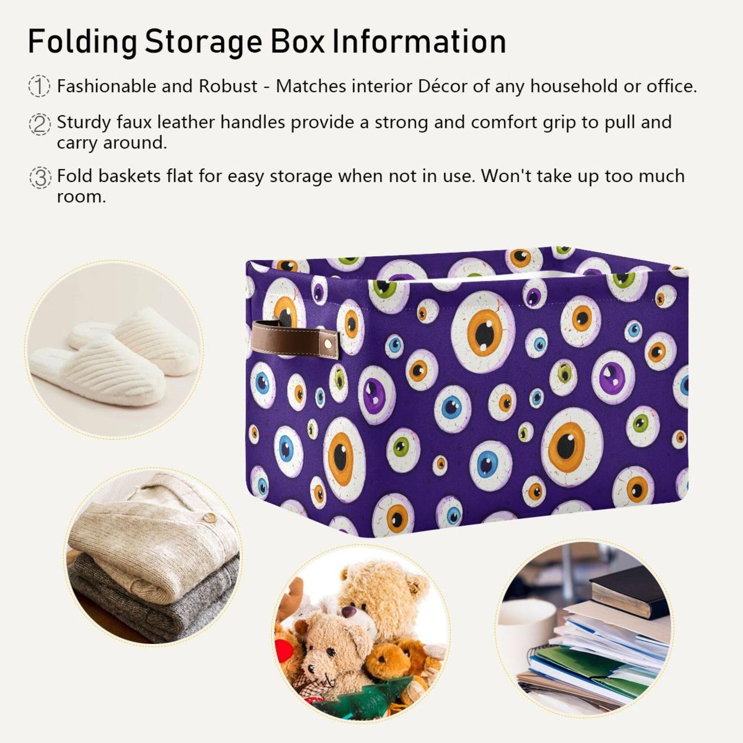 Wamika Halloween Eyes Storage Basket with Waterproof Liner and PU Handles Blue Spooky Ghost Storage Bins Boxes 14.2" Collapsible Decorative Organizer Baskets for Bedroom Closet Office 1 Pack