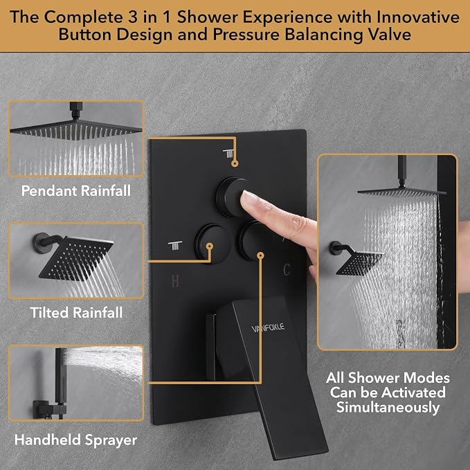 VANFOXLE Shower Faucet Set Matte Black Shower System, Push Button Diverter Shower Faucet with Trim Kit, Ceiling Mount 10 Inch Shower Head Increased Thick, 6 Inch Side Shower Head, 2-in-1 Handheld