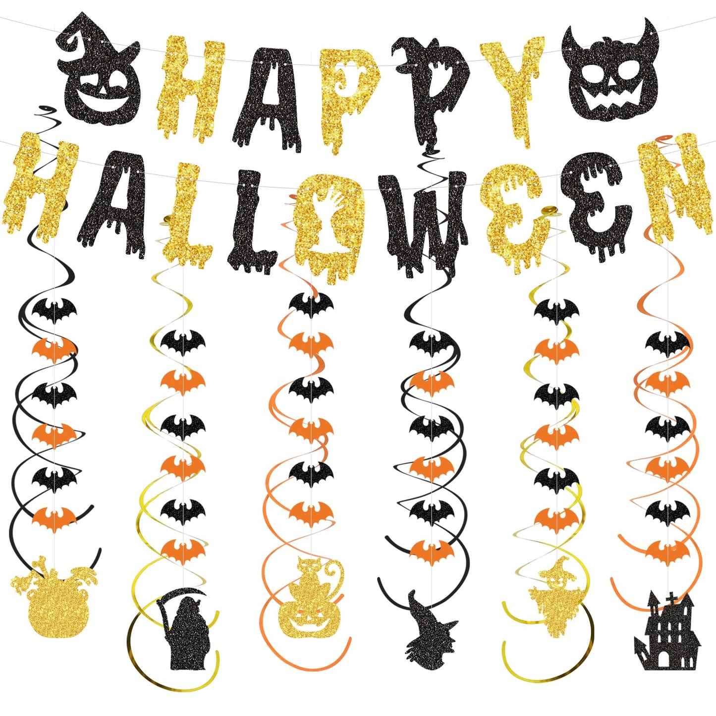SHERONV Halloween Party Decorations, Black Gold Glitter Happy Halloween Banner, Pumpkin Ghost Bats Decorations, Hanging Swirls for Home Office Indoor Outdoor Party Event Decors