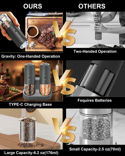 Soenglyun Gravity Salt and Pepper Grinder Set with Charging Base, Automatic Salt Grinder Electric with LED Light & 6 Adjustable Coarseness, One-Handed Operation and 176ml Capacity, Black