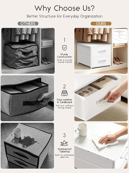 Homsorout 2 Drawers for Closet - Small Stackable Storage Organizer, Fabric Dresser Nightstand with Wooden Top & Metal Frame, Closet Drawer Organizers and Storage for Bedroom, Entryway, Dorm, White