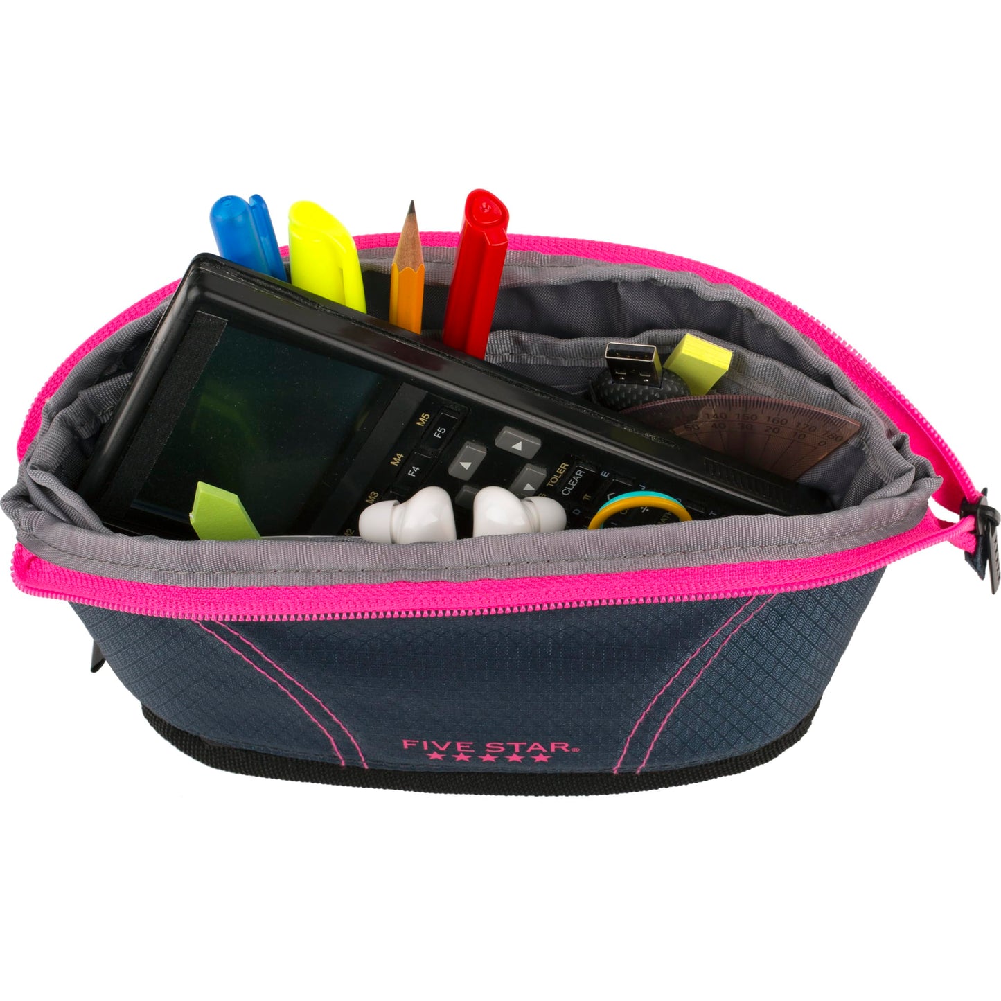 Five Star Pencil Pouch, Pen Case, Quick View Expandable Zipper Pouch, Storage Organizer for School Supplies Earbuds Chargers Cables Makeup, Navy/Pink (507610B-ECM)