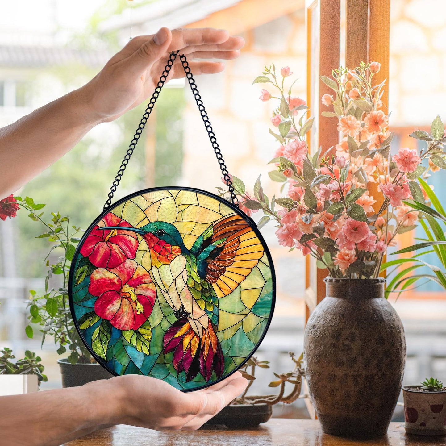 XFCICRLJ Hummingbird Suncatcher Stained Glass Window Hanging, Hummingbird Flower Sun Catchers Indoor Window Glass Wall Art Decor, Bird Wall Hanging Decor Decorations, 7.9x7.9 Inch 038-MH-BLGH