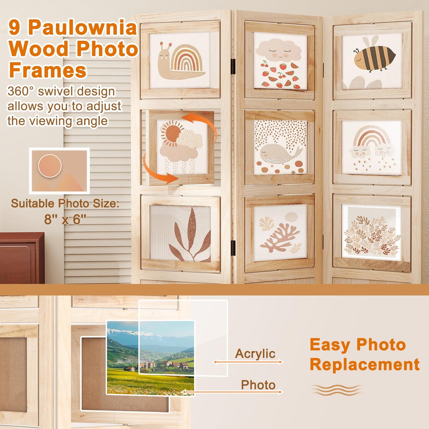 Giantex 3 Panel Room Divider with 9 Rotating Picture Frames, 67'' Folding Privacy Screen for Photo Display, Freestanding Wood Wall Partition for Room Separation, Bedroom, Office, Natural