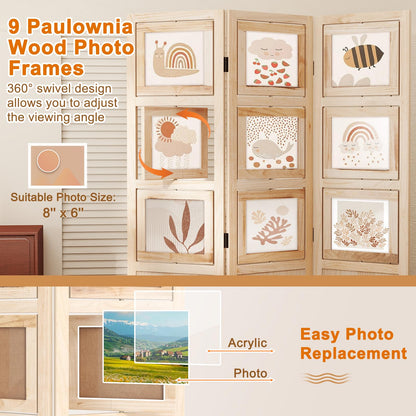 Giantex 3 Panel Room Divider with 9 Rotating Picture Frames, 67'' Folding Privacy Screen for Photo Display, Freestanding Wood Wall Partition for Room Separation, Bedroom, Office, Natural