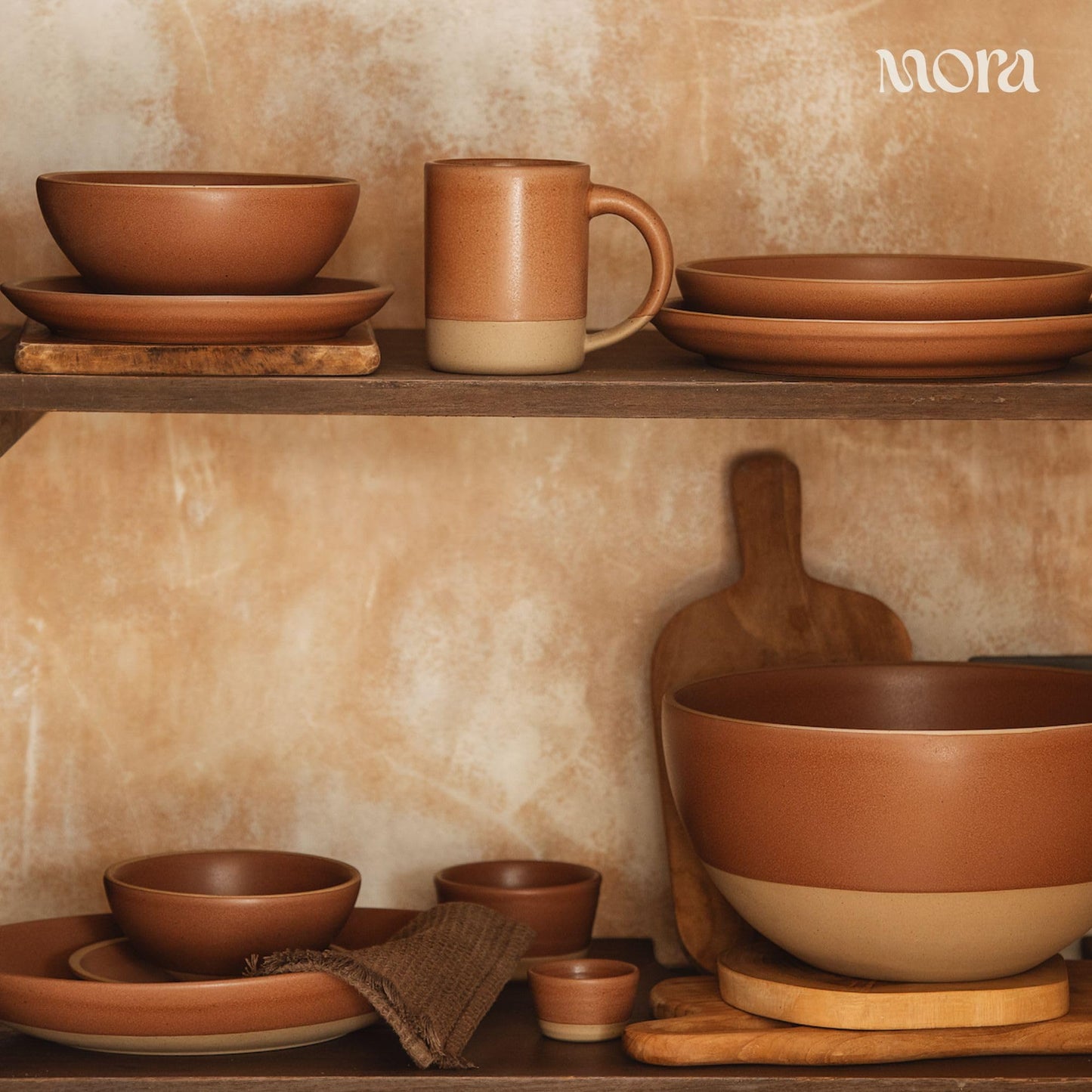 MORA Jumbo and Large Bowls Set of 2, 2.5 and 1.5 Qt Ceramic Pottery Mixing Bowls - Microwave and Dishwasher Safe - Terracotta & Peppercorn